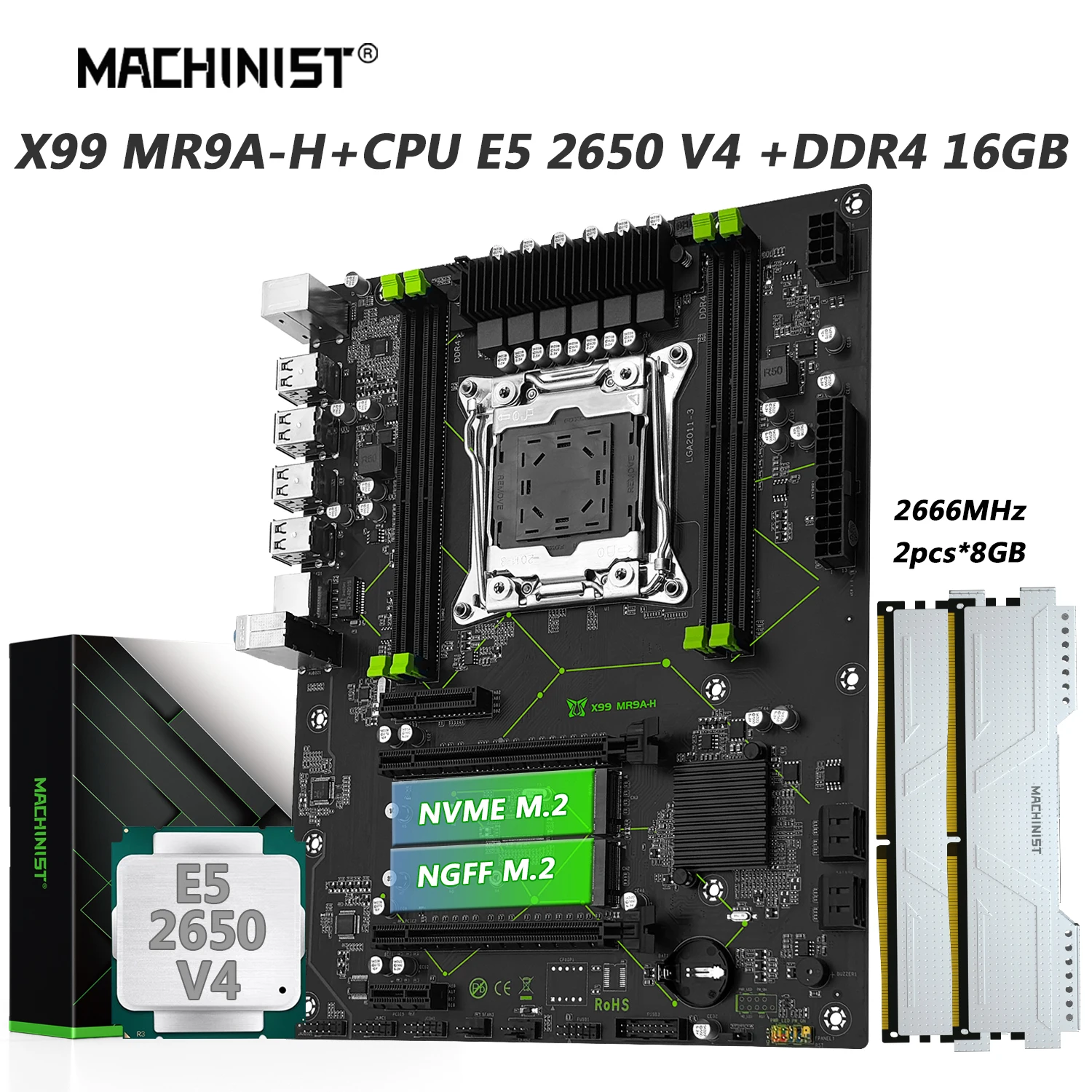 

MACHINIST X99 MR9A-H Motherboard Combo LGA 2011-3 Xeon E5 2650 V4 Kit CPU DDR4 RAM 8GB*2pcs 2666MHz Memory NVME M.2 Dual Channel