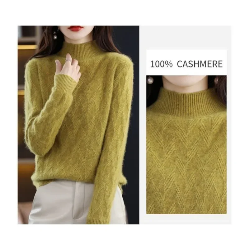 Cashmere Sweater Women Autumn Winter Half High Neck Loose Versatile Wool Undershirt Base Shirt Warm Top Pullover Style Sweater