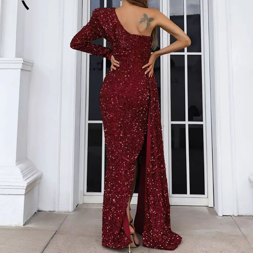 YALIN Glitter Sequin Prom Dress Side High Split Long Slevee One-Shoulder Party Gown Exquisite Ruffles Mermaid Evening 