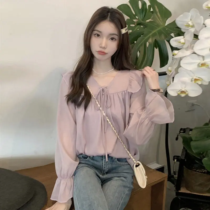 Korean Version Long Sleeves Ruffled V-neck Chiffon Shirt for Women\'s Spring Autumn New Gentle Style Super Fairy Lace-up Chic Top