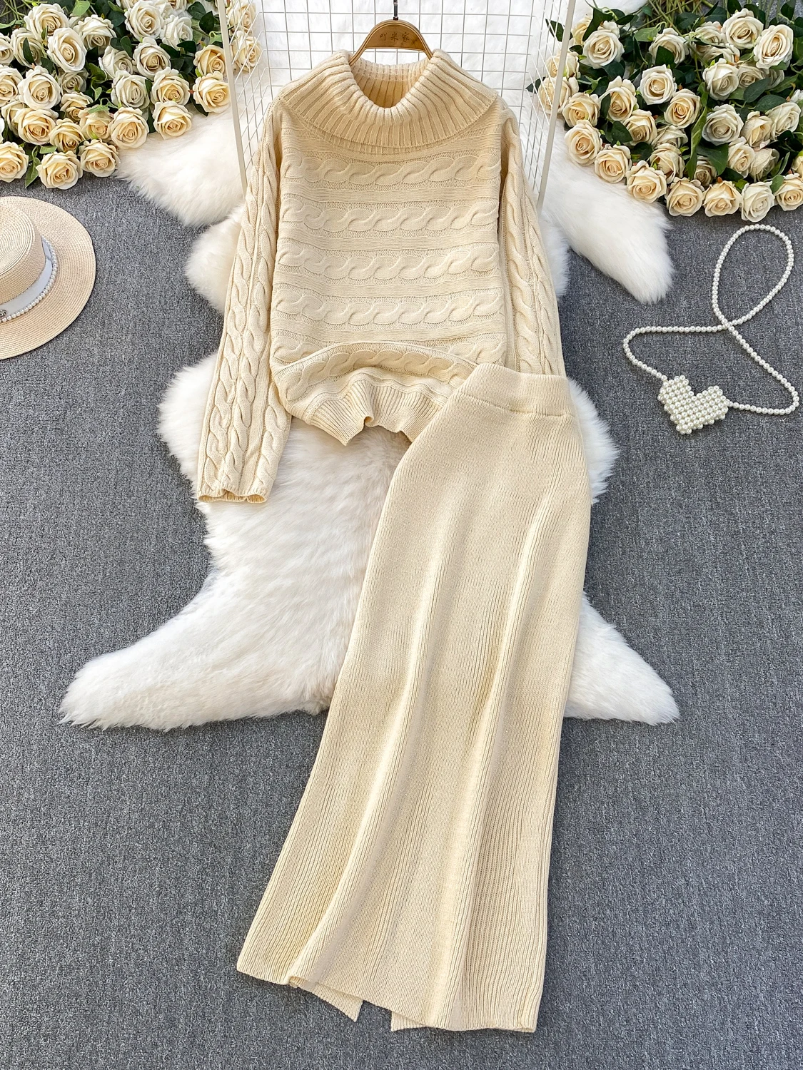 

High-End Knitted Thiened High Collar Sweater And High Waist Skirt Two-Piece Set Faionable Ele Winter Outfit for ...