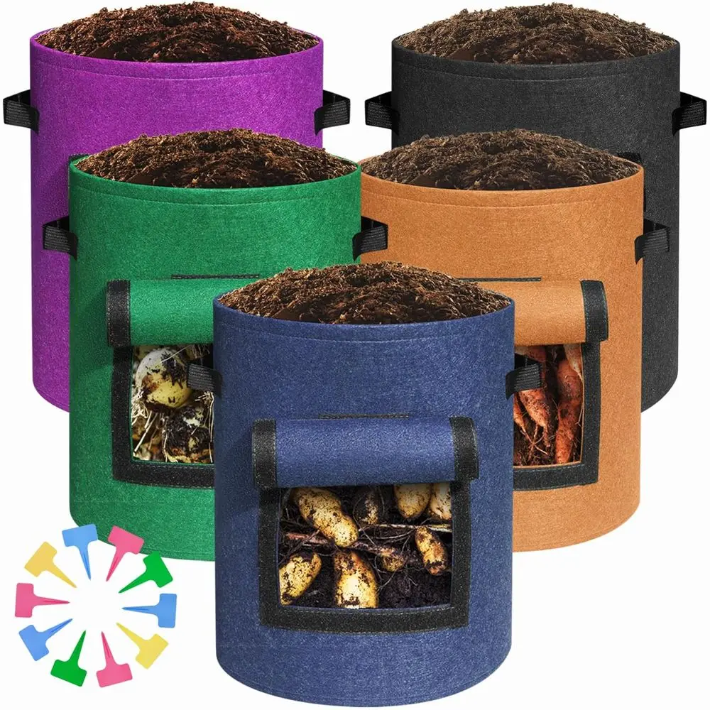 5-Pack 10Gallon Potato Grow Bags, 8 Plant Label Stakes, Thick 400G Fabric, 150lb Load Handles, Bags for Growing Potatoes with Vi