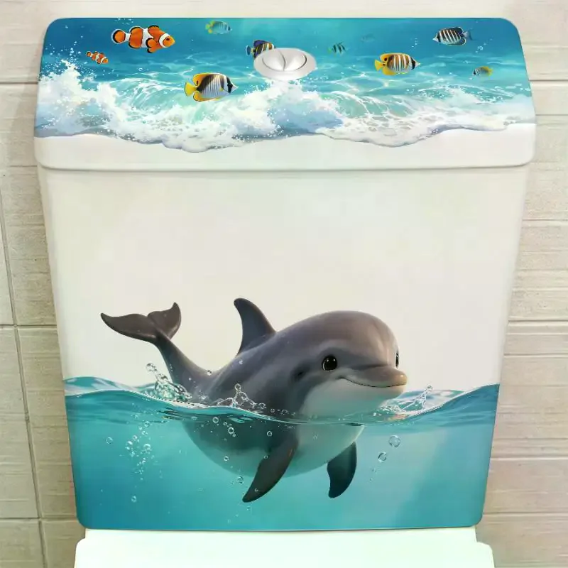 [MOA]Cute Dolphin Toilet Tank Sticker Ocean Wave Vinyl Decal For Bathroom Decor Adhesive Home Decoration Accessories[MOA]