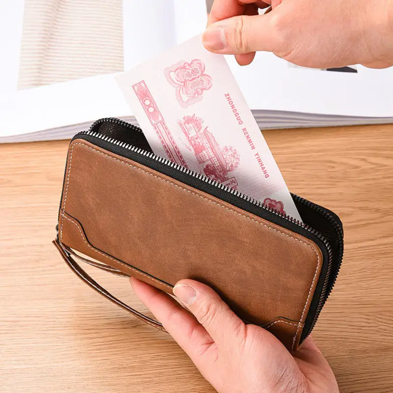 Herren-Geldbörse mit langem Reißverschluss, Geldbörse mit mehreren Fächern, schlichte Lederkombination, große Handtasche mit viel Stauraum. – Detail 8