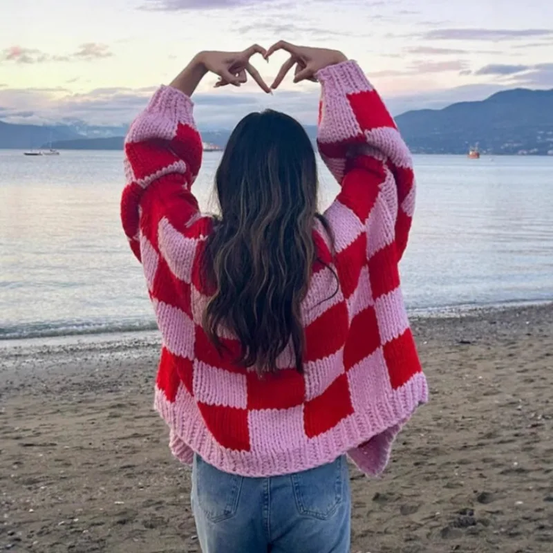 

Autumn and winter new casual loose checkered contrasting coarse needle cardigan cute knitted sweater jacket for women