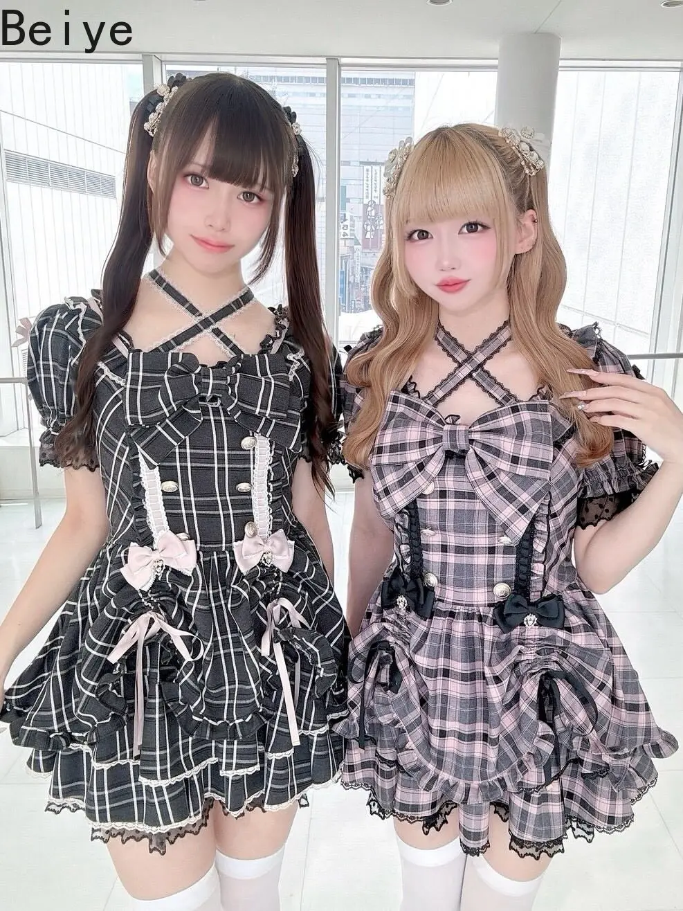 Sweet Japanese Style Women's Dress Sets Summer/autumn Detachable Tie Bow Plaid Short-sleeve Anti-exposure Short Skirt Set