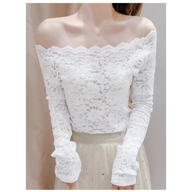 Koronkowa bluzka z dekoltem typu one-line, ekskluzywna, modna, seksowna bluzka z odkrytymi obojczykami, na jedno ramię, idealna jako warstwa bazowa dla kobiet.