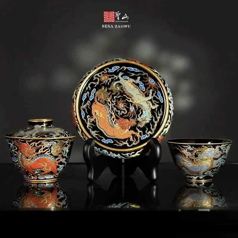 Mr. Shengsh's High-End Black Glaze With Gold And Silver Inlay, Auspicious Unicorn Design, Set, Jingdezhen Ceramic Tea Set