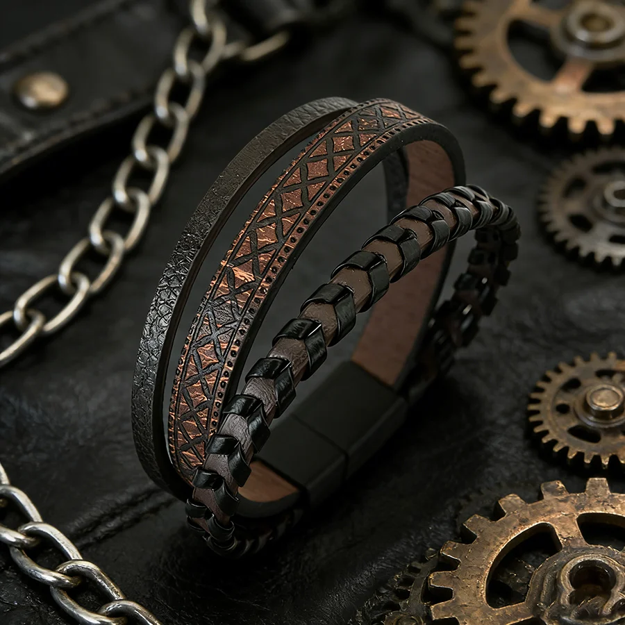 Fashion Grade A Leather Men Bracelet Magnetic Clasp 2 Colors Handmade Weaven Chain Wrap Wrist Jewelry Riding Sport Boys Braslet