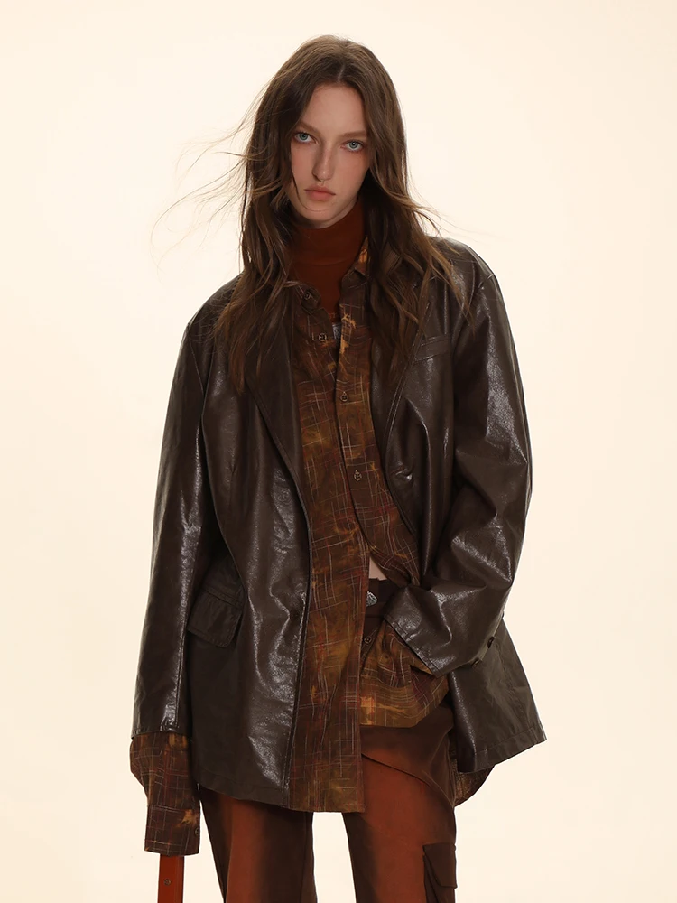 DNT Silhouette retrò Abito in PU di colore puro Jaet in pelle testurizzata Jaet New Sle Coreano Fuoco Fuoco Faion Capispalla