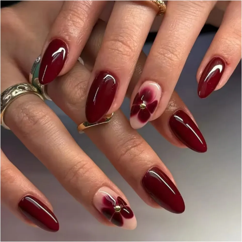 24pcs Set Burgundy Almond Shape Medium Length Solid Color with Floral Golden Dust Design Fake Nails for Women/Girls Women'S Nail