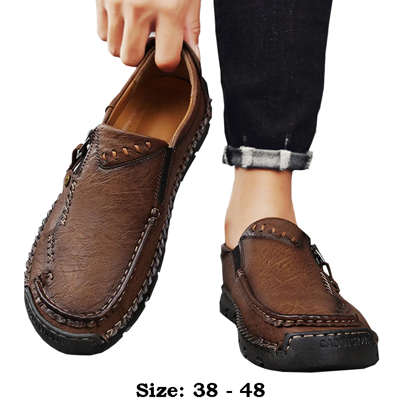 

high quality leather boat shoes for men low cut round toe comfortable new 2024 autumn winter big size casual shoe black brown