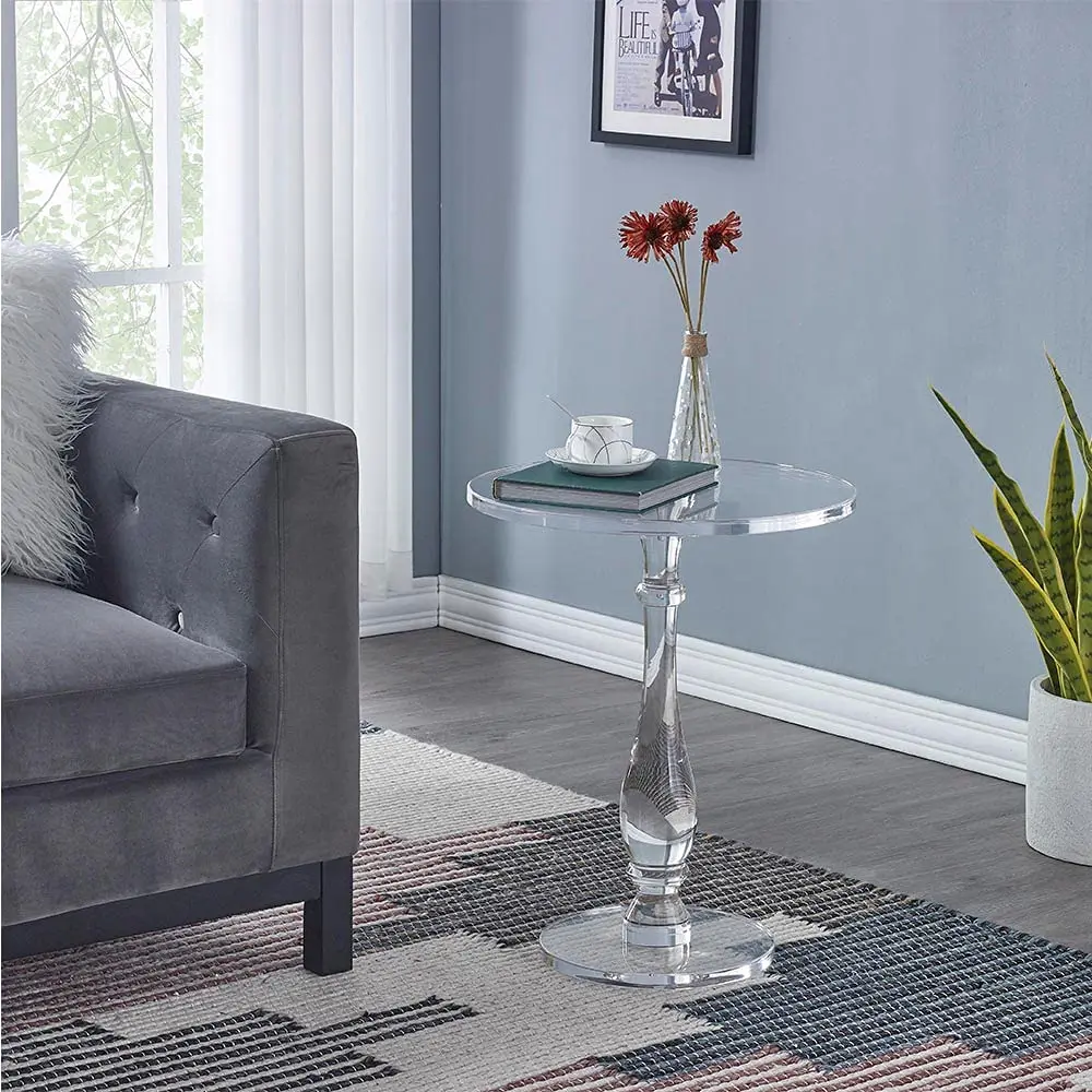 Acrylic Side Table,Modern Nightstand with Clear Small Round Top and Solid Post for Living Room,Bedroom and Lobby