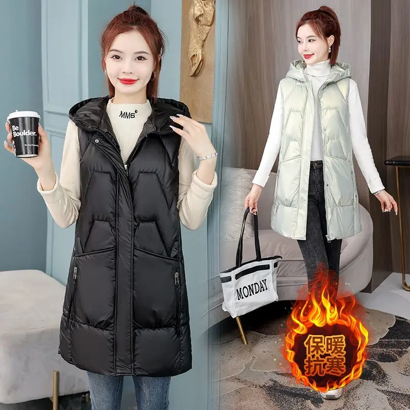 

autumn winter Mid-Length Down cotton vest women new fashion hooded Pockets sleeveless jacket female Student slim Waistcoat R109