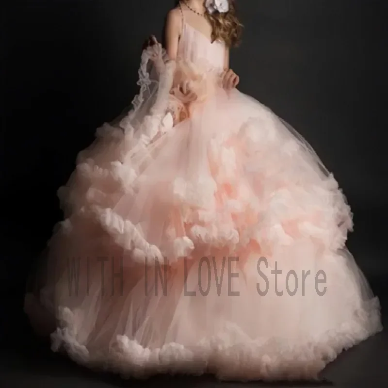 

Pink Flower Girl Dresses First Communion Pageant Dresses Birthday V-collar Tiered Ruffles Backless for Wedding Kids Ball Gowns