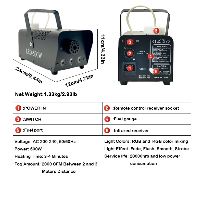 Machine à fumée télécommandée à LED, 500W, RVB, couleur mixte, machine à brouillard, éjecteur de fumée professionnel, équipement de scène,