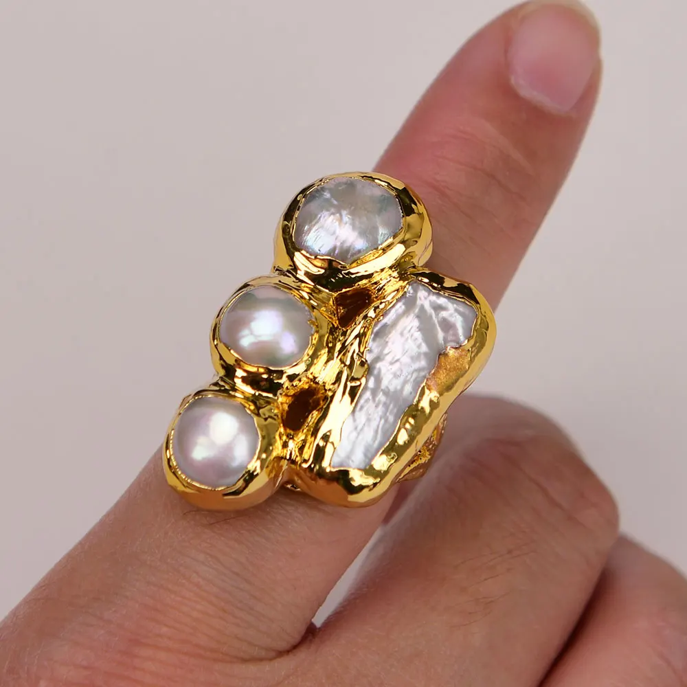 خواتم لؤلؤ بيوا كيشي بيضاء طبيعية من GG مطلية بحواف ذهبية قابلة للتعديل