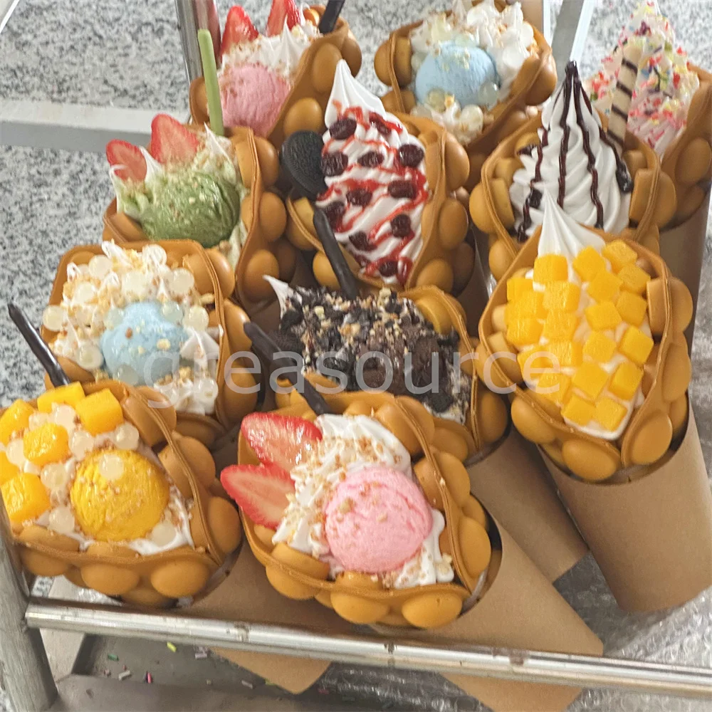 Cute Delicate Bubble Waffle Eggette Cake Cocoa Powder Sugar Sauce Chips Sprinkle Crispy Model Props Soft inside Ice Cream Milk