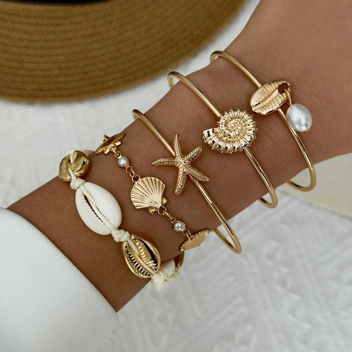 Böhmisches Mehrschichtiges Seestern-Muschel-Armreif-Set für Damen und Herren, Sommer-Strand-Urlaub, klobiger Armreif, Party-Schmuck – Detail 16