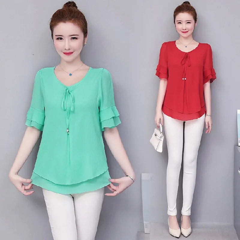 

Loose ort Sve Chiffon Top Korean Sle Women's Summer T-irt Mom's Clothes Floral Lace Hem V-Ne Pure Color Versatile