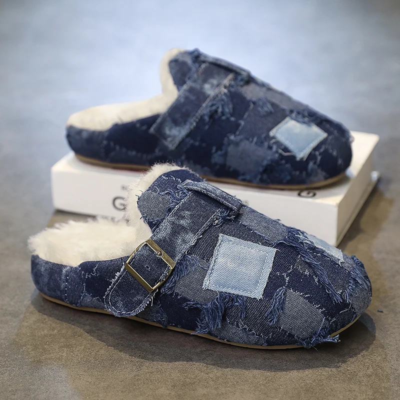 Winter Canvas Clogs Fleece Lined Closed-toe Slippers Half Shoes for Men Women Couple Fur Indoor Casual Shoe Plush Slides Sandal