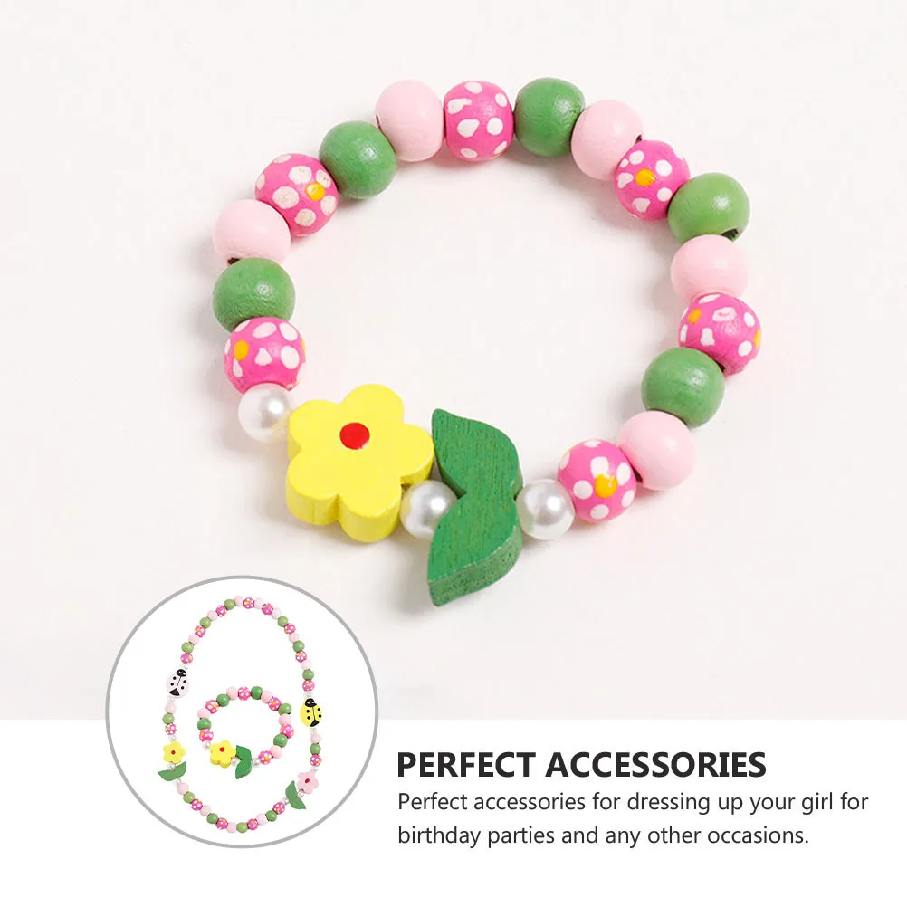 

2pcs Set Wooden Bead Necklace Bracelet For Kids Colorful Chunky Bubblegum Jewelry Animal Design Girls Dress Up Accessory