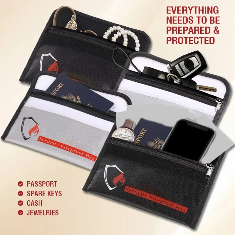 Fireproof Document Bag 2000°F 5x8inch with Zippers Lock 3 Layers Heat Insulated Storage Organizers for Money Cash Jewelry