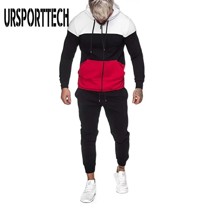 

Tracksuit Men 2 Pieces Sets Autumn Patchwork Zipper Hooded Sweatshirt Drawstring Pants Male Multiple Pockets Men Sports Sets