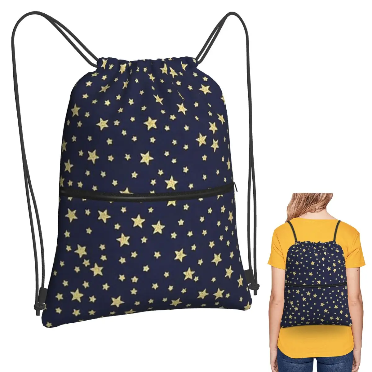 Navy Blue Sky And Stars Print Backpacks Fashion Drawstring Bags Sports Bag Book Bags for Travel School