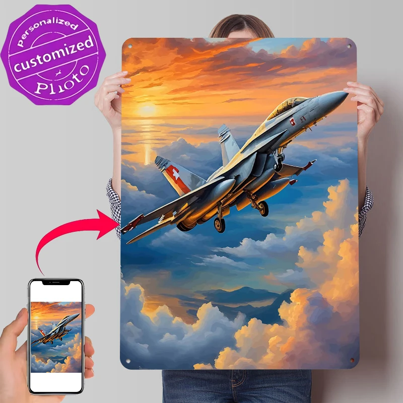 Swiss F-18 Jet Ascending At Sunset Tin Poster Customized Wall Art Retro Vintage Metal Signs for Fans Room Decoration Gaming Home