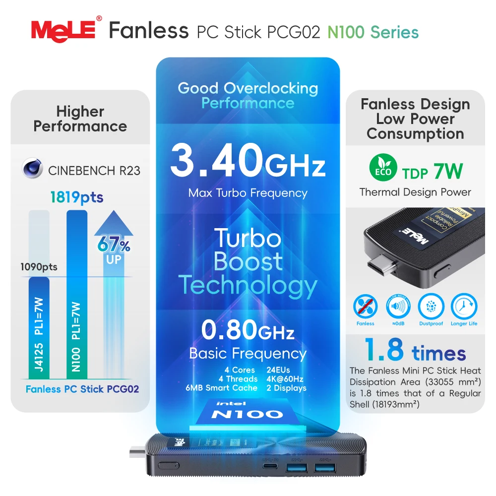 MeLE PCG02 Fanless Mini PC Stick N100 8GB LPDDR4 128GB Micro
