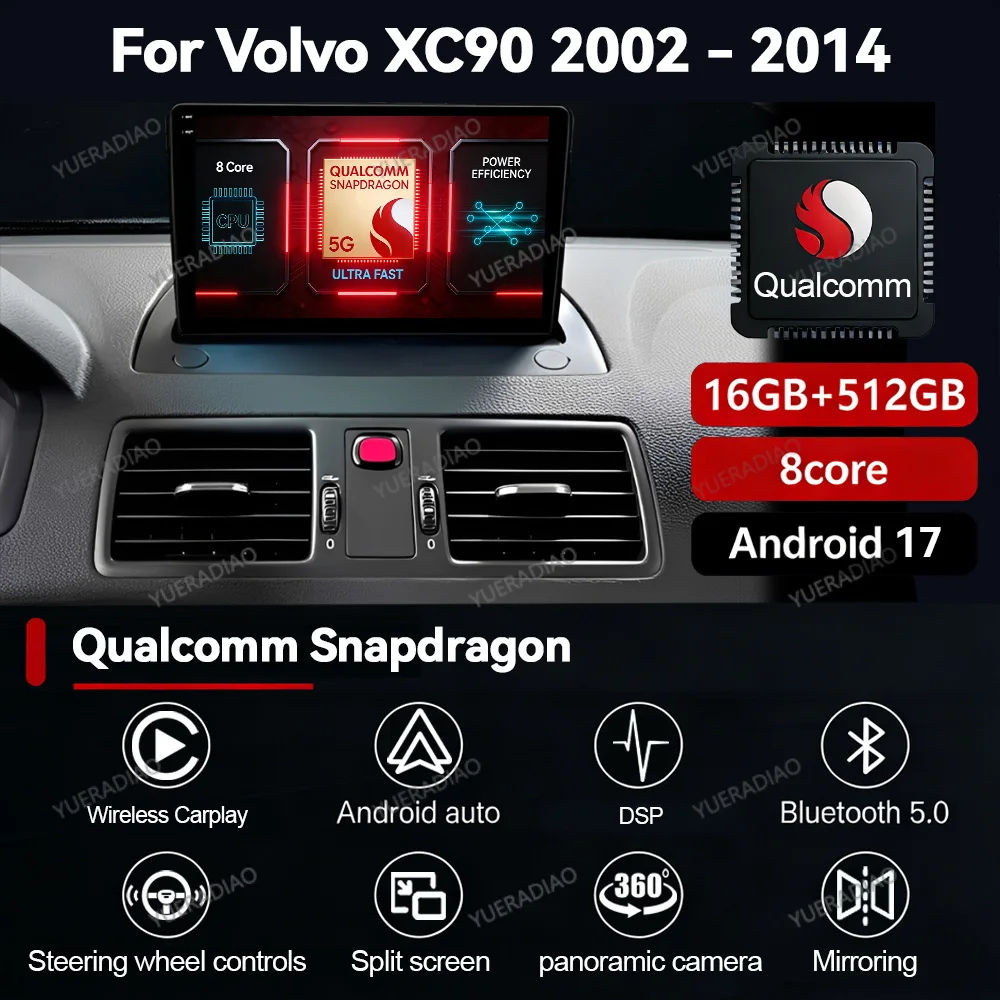 Rádio Automotivo Android 17 para Volvo XC90 2002-2014 QLED Qualcomm Multimídia Estéreo Reprodutor de Vídeo 4G LTE 5G WIFI 2DIN BT