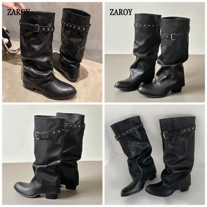 ZAROY Wide-Calf Knee-High Boots Women Winter Black Punk Rivet Belted Buckle Slouchy Boots Round Toe Chunky Heel Casual Botas
