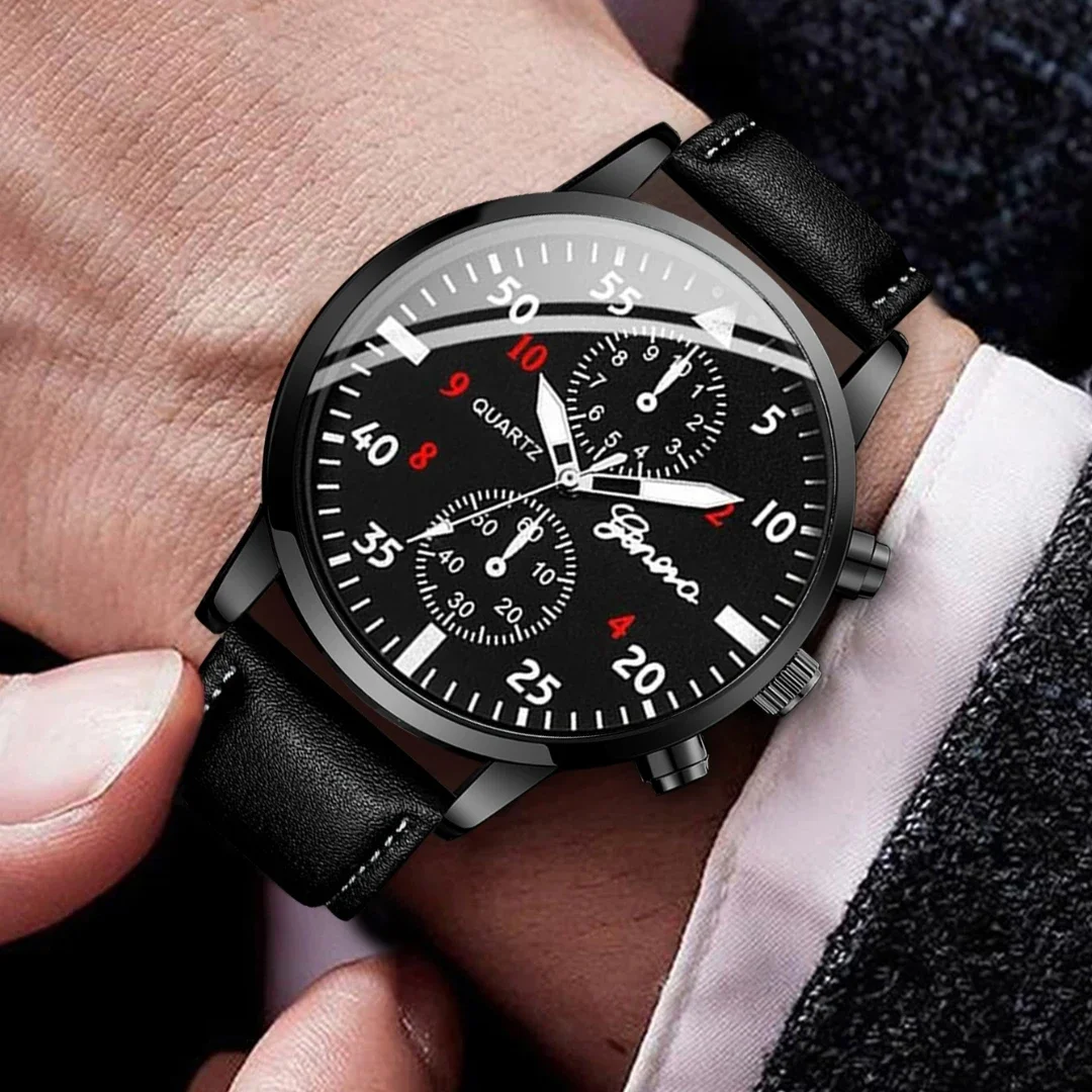 4PCS Fashion Men Business Watches Jewelry Set Casual Arabic Dial Male Leather Strap Quartz Wristwatch Reloj Hombre (Without Box)