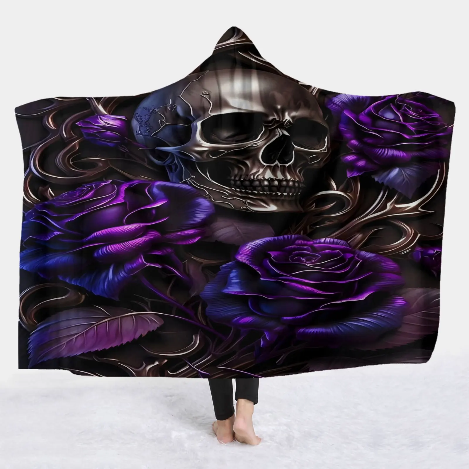 1pc Skull And Purple Rose Art Interwoven Comfortable Hooded Blanket Soft And Warm Fleece, Digital Print | Suitable for Sofa