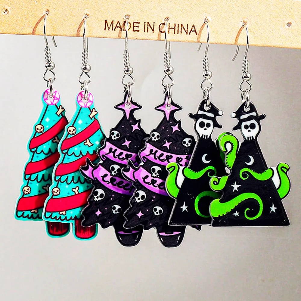 FishSheep Christmas Skull Tree Acrylic Drop Earrings for Women Gingerbread Man Bleeding Socks Dangle Earring 2024 Party Jewelry