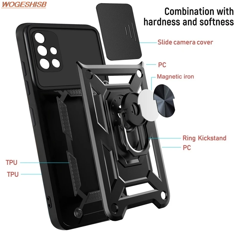 Armor Shockproof Slide Lens Phone Case for Xiaomi Redmi Note 13 12 11 Pro 12S 12R 11T 11S 11E 5G Stand Holder Cover Fundas