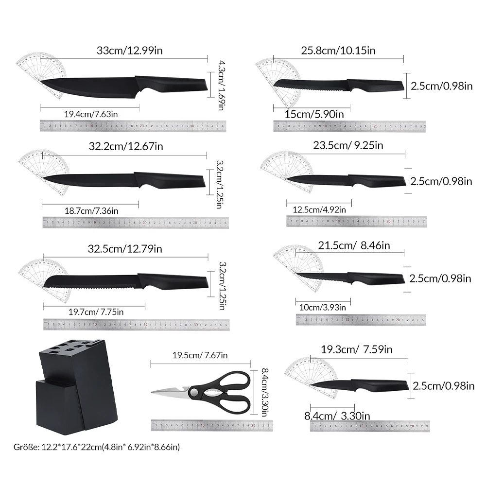 14-teiliges schwarzes Antihaft-Küchenmesserset aus hochwertigem Kohlenstoffstahl mit Kochmesser, Brotmesser, Allzweckmesser, Schälmesser, Messerblock und integriertem Messerschärfer sowie Küchenschere – Detail 5