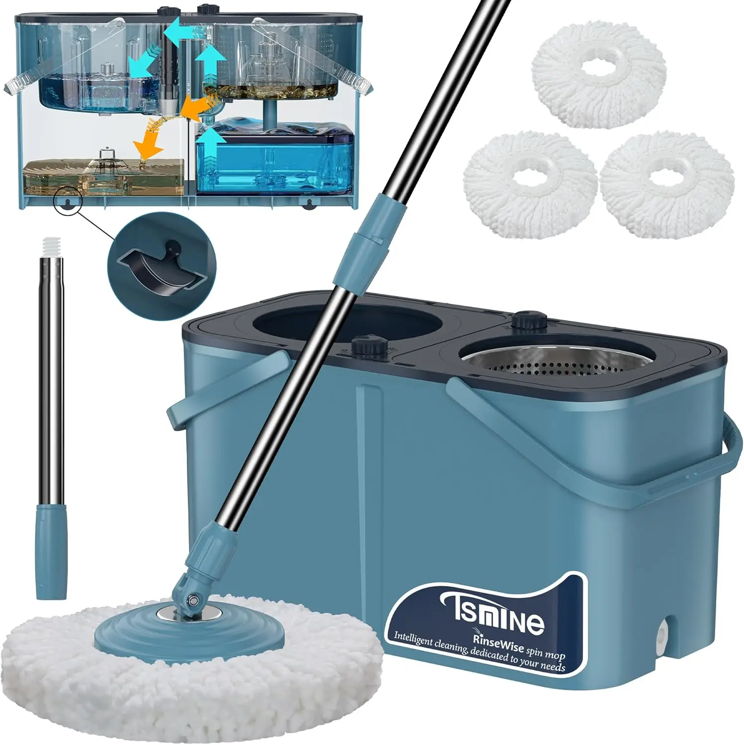 

Mop and Bucket with Wringer Set,Separates Dirty and Clean Water,4-Chamber Design,Spin Mop and Bucket System,Wet & Dry Use