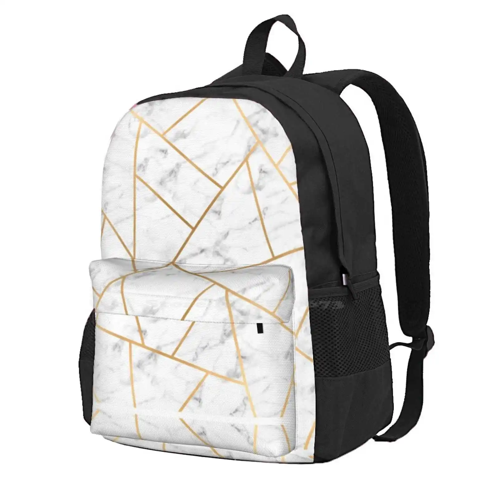 

White Marble And Gold Geo Hot Sale Schoolbag Backpack Fashion Bags Abstract Geometric White Marble Gold Line Geometry Graphic