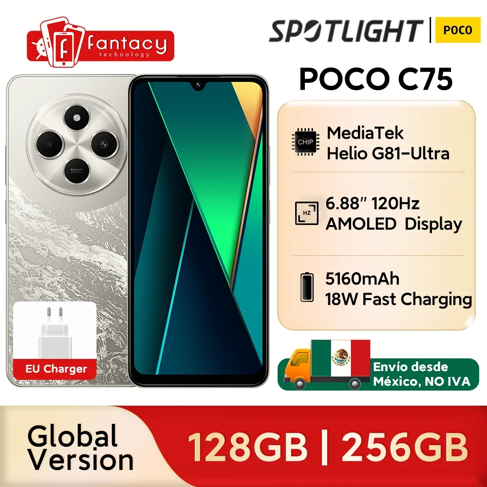 Estreno mundial versión Global POCO C75 pantalla de 6,88\'\' 120Hz Helio G81-Ultra cámara de 50MP batería enorme de 5160mAh compatible con NFC