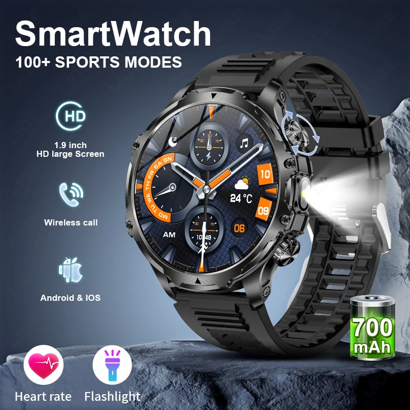

LIGE Смарт-часы в стиле милитари для мужчин 1,9 "HD-экран фонарик водонепроницаемый аккумулятор 700 мАч пульсометр BT Call умные часы для Android IOS