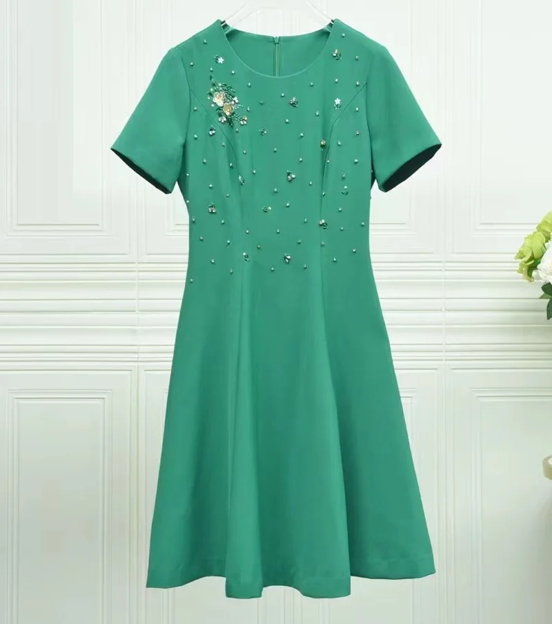 High Quality Brand New Summer Dress 2024 Party Elegant Women Crystal Beading Deco Short Sleeve White Black Green Dress XXL Size