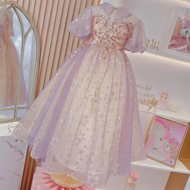 

2024 Sparkly Sequins Short Sleeves Flower Girl Dresses Tulle Kids Birthday Party Pageant Prom Gown Junior Bridesmaid