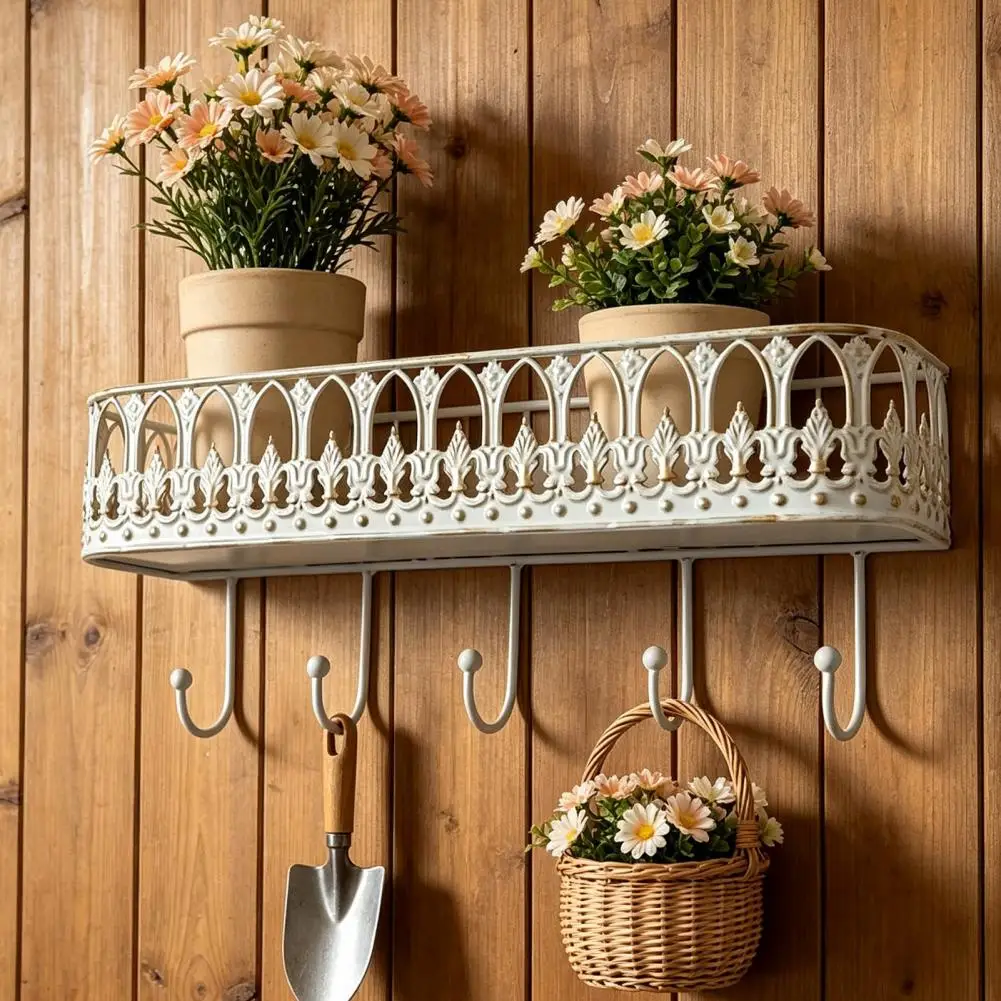 Wall Mounted Storage Rack Kitchen Wall Organization Rack Wall Mounted Floating Shelves with Hooks Metal Key Holder Mail for Room