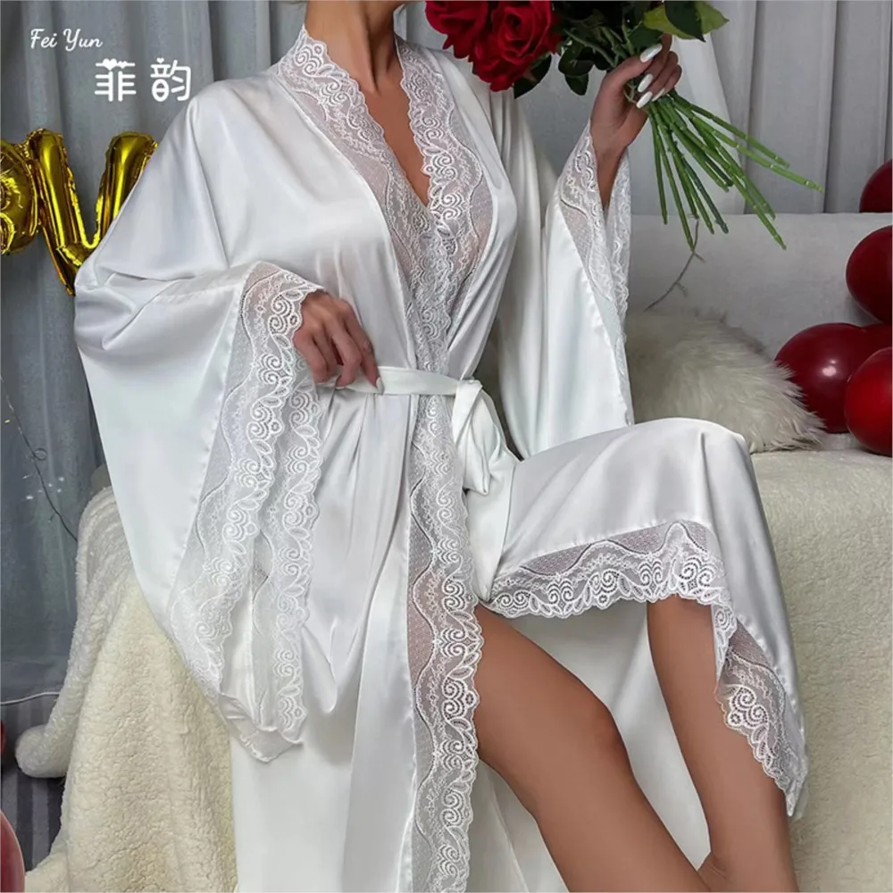 Pigiama lungo da donna di nuovo stile in pizzo a maniche lunghe elegante abbigliamento per la casa stile semplice Leace-up tinta unita confortevole moda sottile