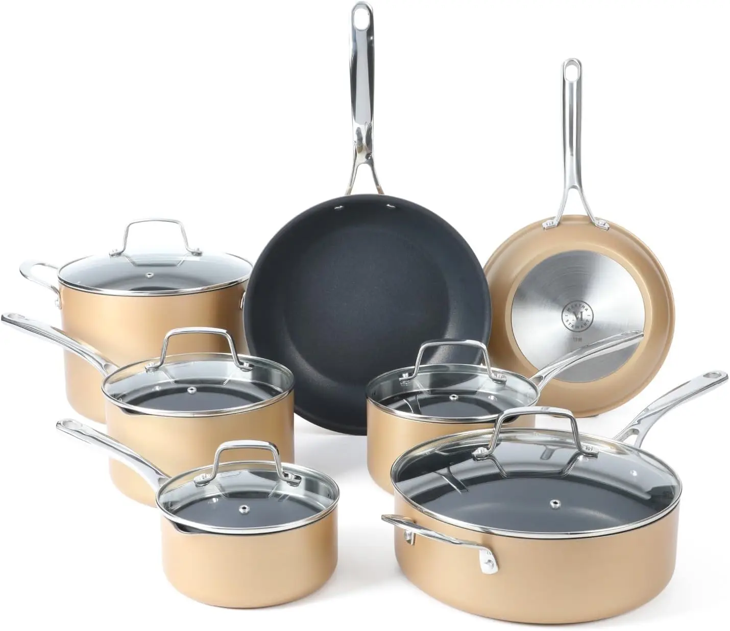 

12 Piece Heavy Gauge Aluminum Hard Anodized Premium Nonstick Cookware Set, Induction Safe, Copper w/Black Interior