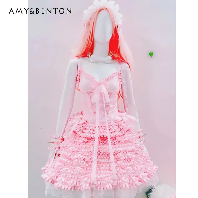 

Gothic Original Sweet Pink Lace Women's Sling Autumn New Design Three-Dimensional Flower Cake Lolita Princess Skirt Set Ladies