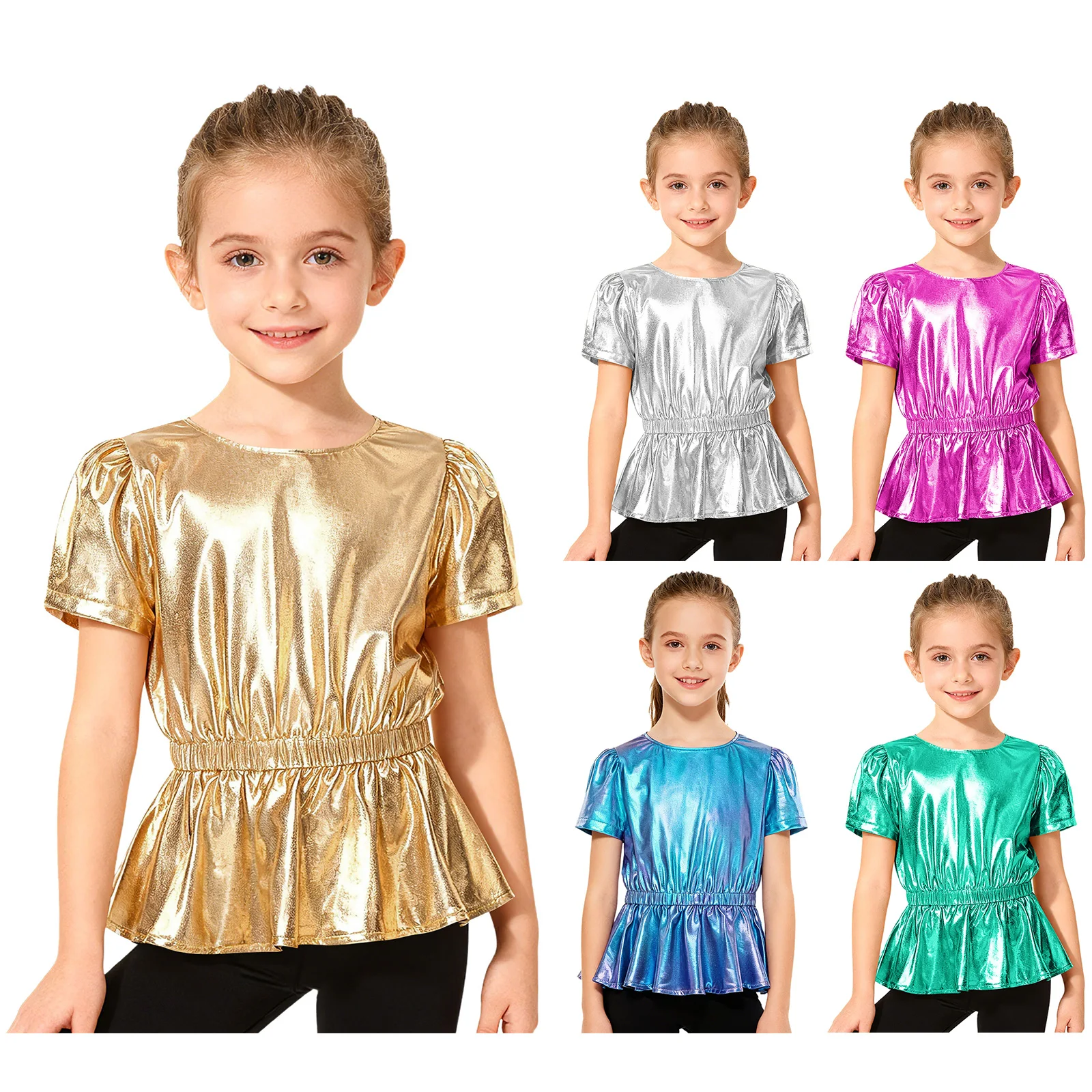 여자 메탈릭 재즈 힙합 댄스 탑 반팔 신축성 있는 허리 페플럼 탑 티셔츠 학교 치어리딩 공연 스트리트웨어