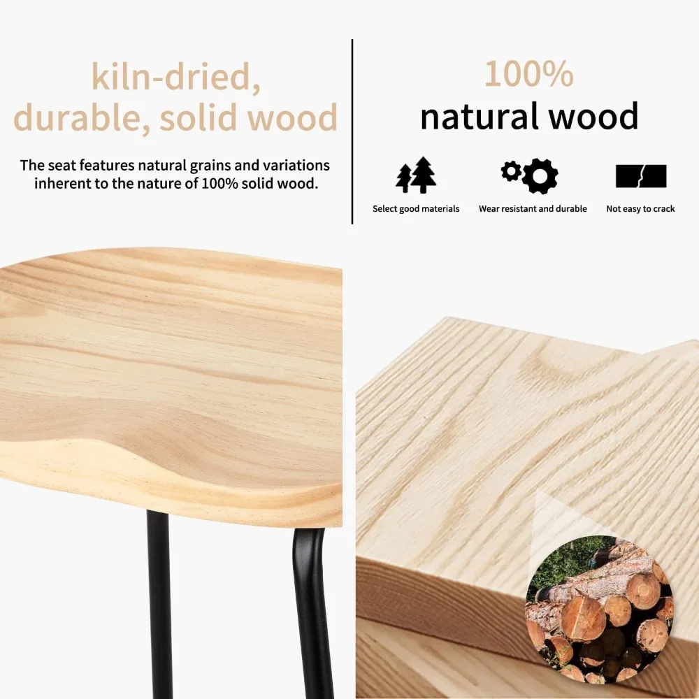 Counter Height Bar Stools Set of 3, Solid Wood Bar Stool for Kitchen Island 26" Barstool with Metal Leg Rustic Backless